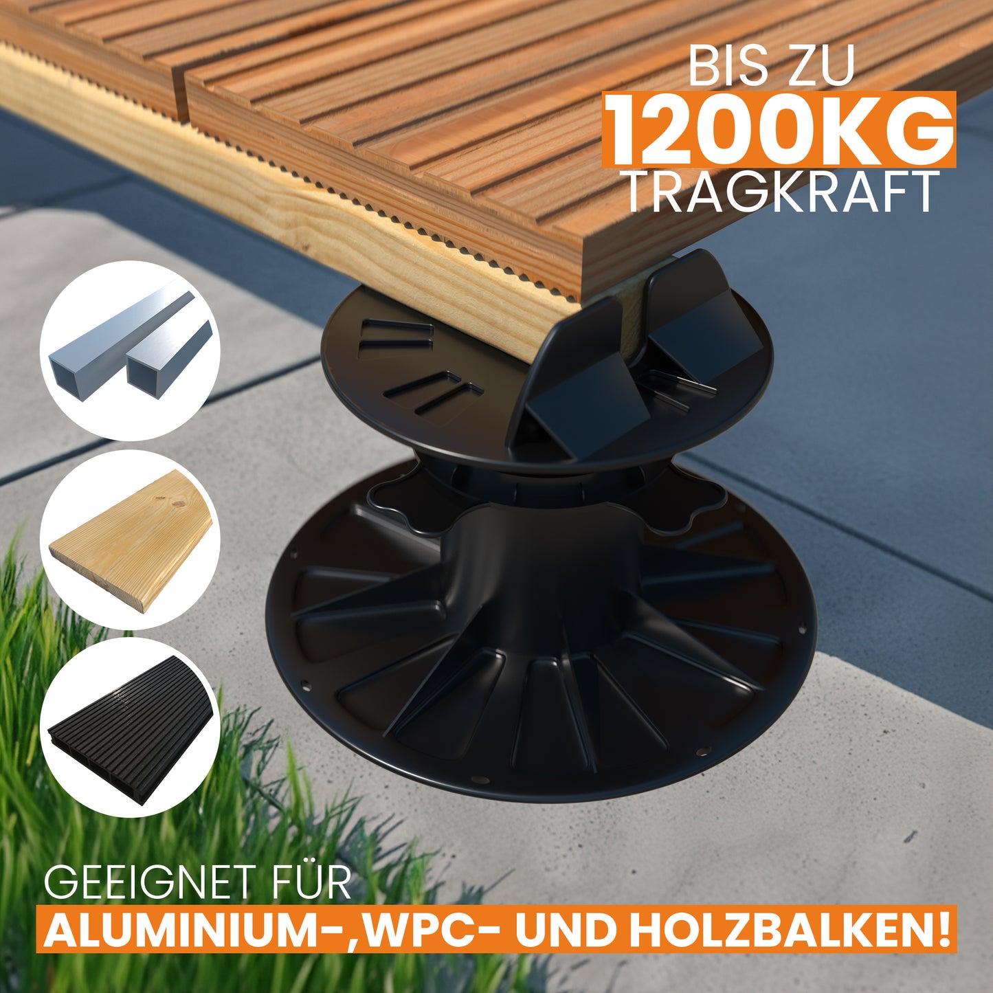 Stelzlager höhenverstellbar für Terrassendielen aussen aus WPC Holz Kunststoff - Unterkonstruktion Terrasse Alu & Holz - Terrassenlager verstellbar - Terrassenplattenlater